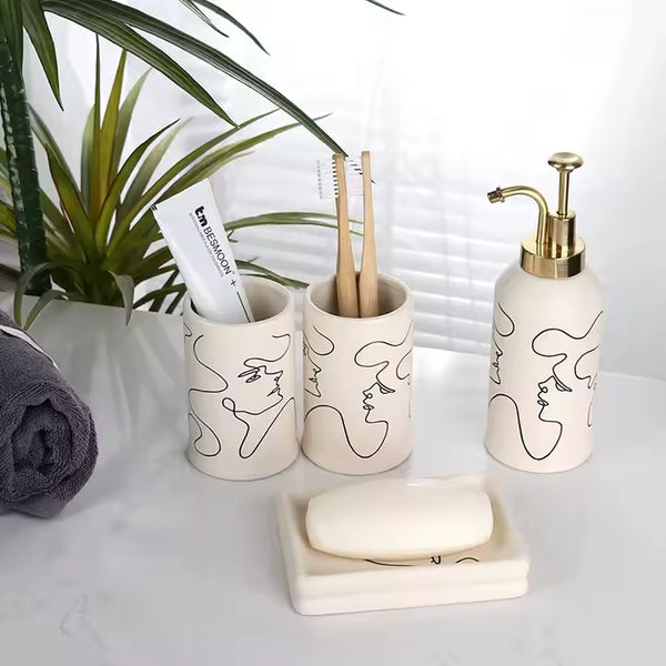 YST Ceramics 4-Piece Eco-Friendly Bath Accessories Set with Human Faces Design