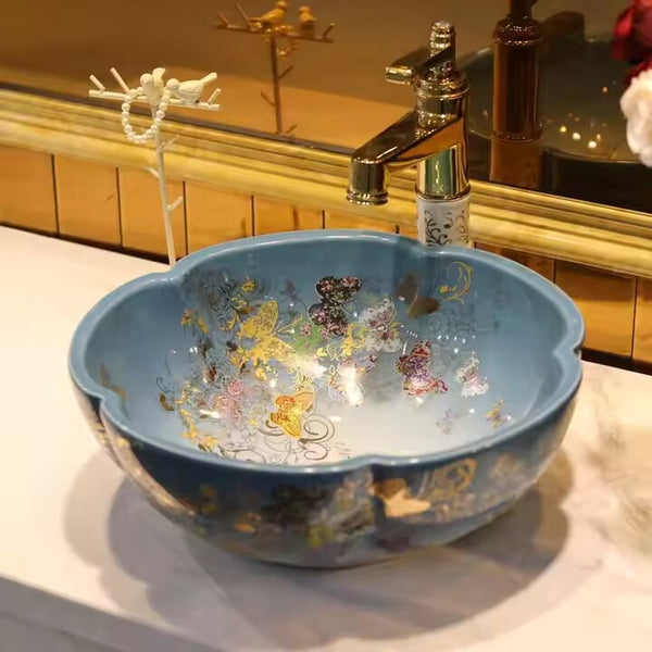 Butterfly Design Ceramic Art Wash Basin - Black & Blue