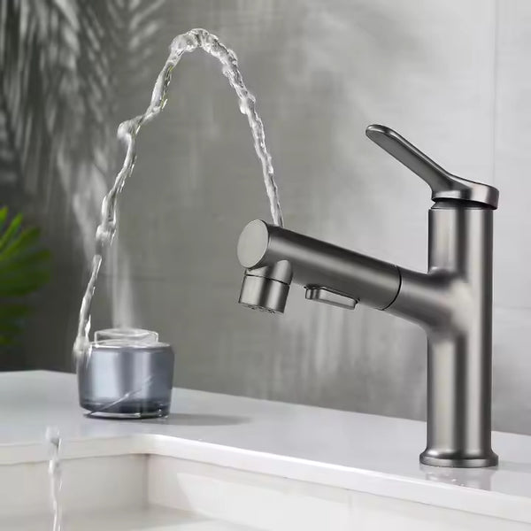 Modern brass vanity faucet with pull-down sprayer
