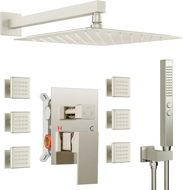 Rain Shower System with Body Jets, 12 Inch Powerful Full Body Shower System with Rainfall Shower and Handheld Spray, Rough-in Mixer Valve Concealed