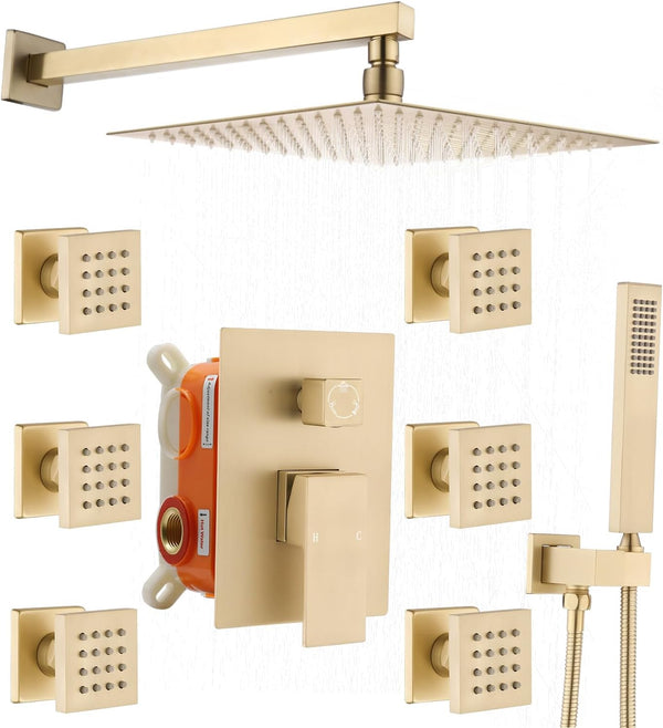 Brushed Gold Rain Shower System with Body Jets, 12 inch Shower Body Spray Jets System Wall Mounted Shower Faucet Set with 3-Function Brass Shower...