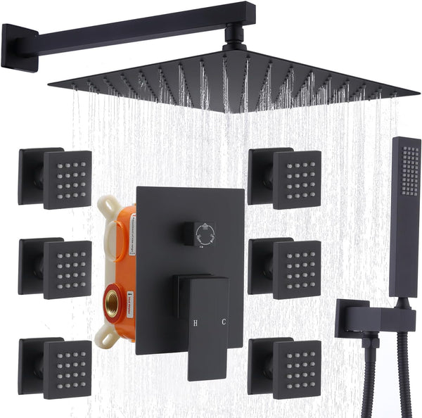 Shower System with Body Jets, 12 Inch Wall Mount Rainfall Shower System and Handheld Body Spray Shower Faucets sets