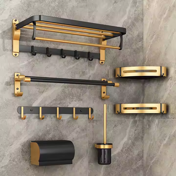 Complete Gold Stainless Steel Bathroom Set with Corner Shower Caddy