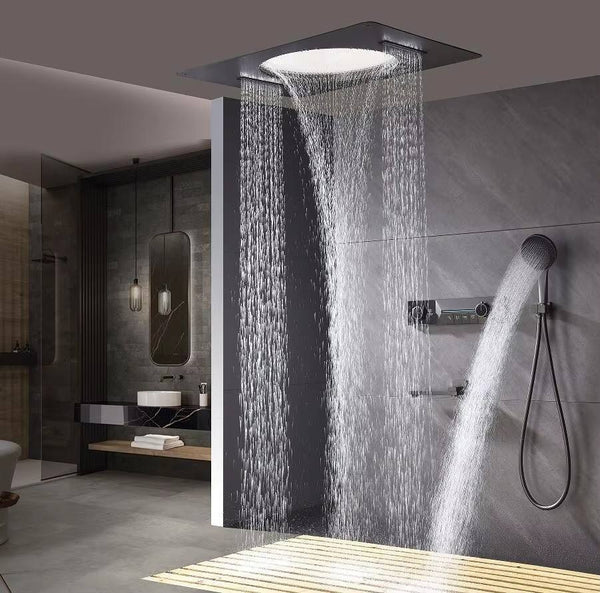 Wall Mount Temperature Digital Display Shower Set Ceiling Adjustable Light Two Waterfall Water Big Top Spray Bathroom Shower