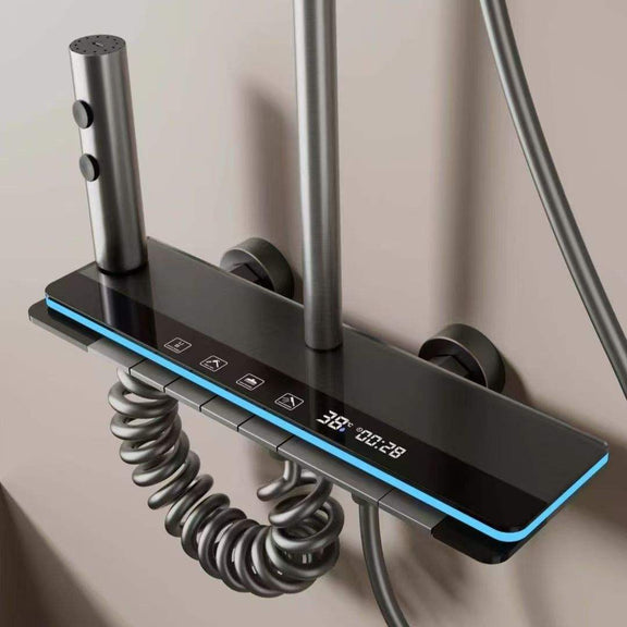 LED Digital Display Shower Set Polished Bath Faucet System Rainfall So ...
