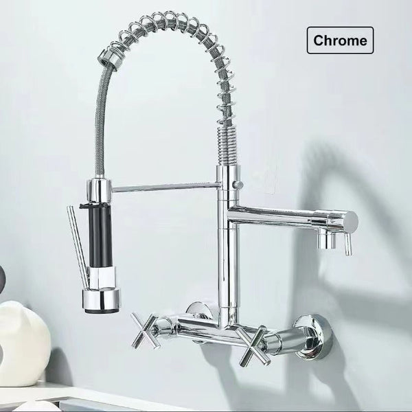 Wall-Mount Pull-Down Kitchen Sink Faucet/Mixer with Dual Swivel Spouts